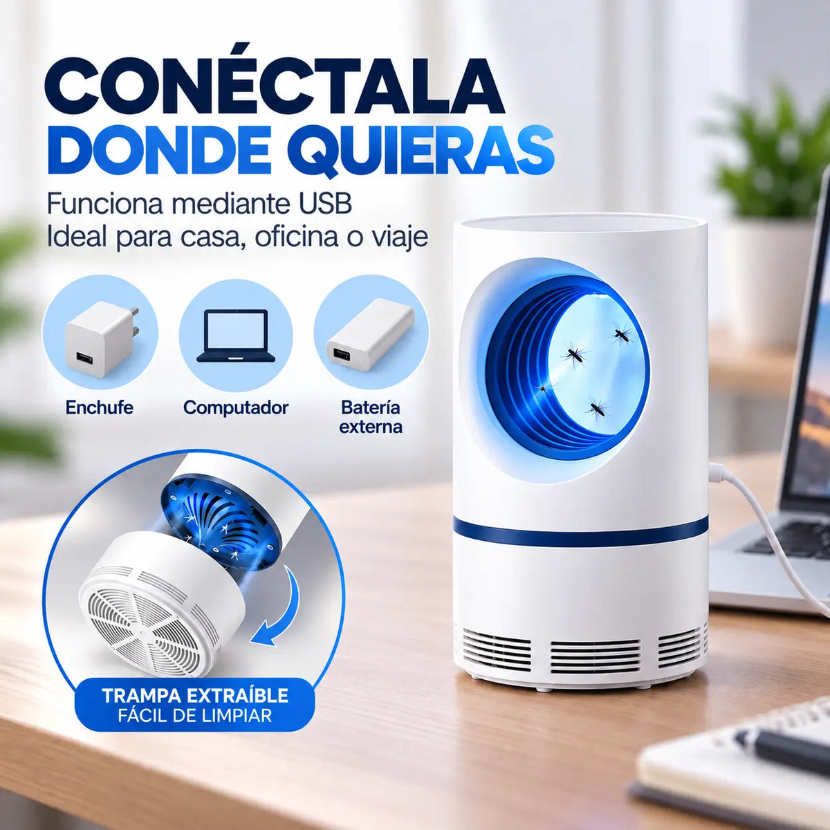 LÁMPARA USB ANTI MOSQUITOS. INCLUYE RAQUETA ANTI INSECTOS DE REGALO!