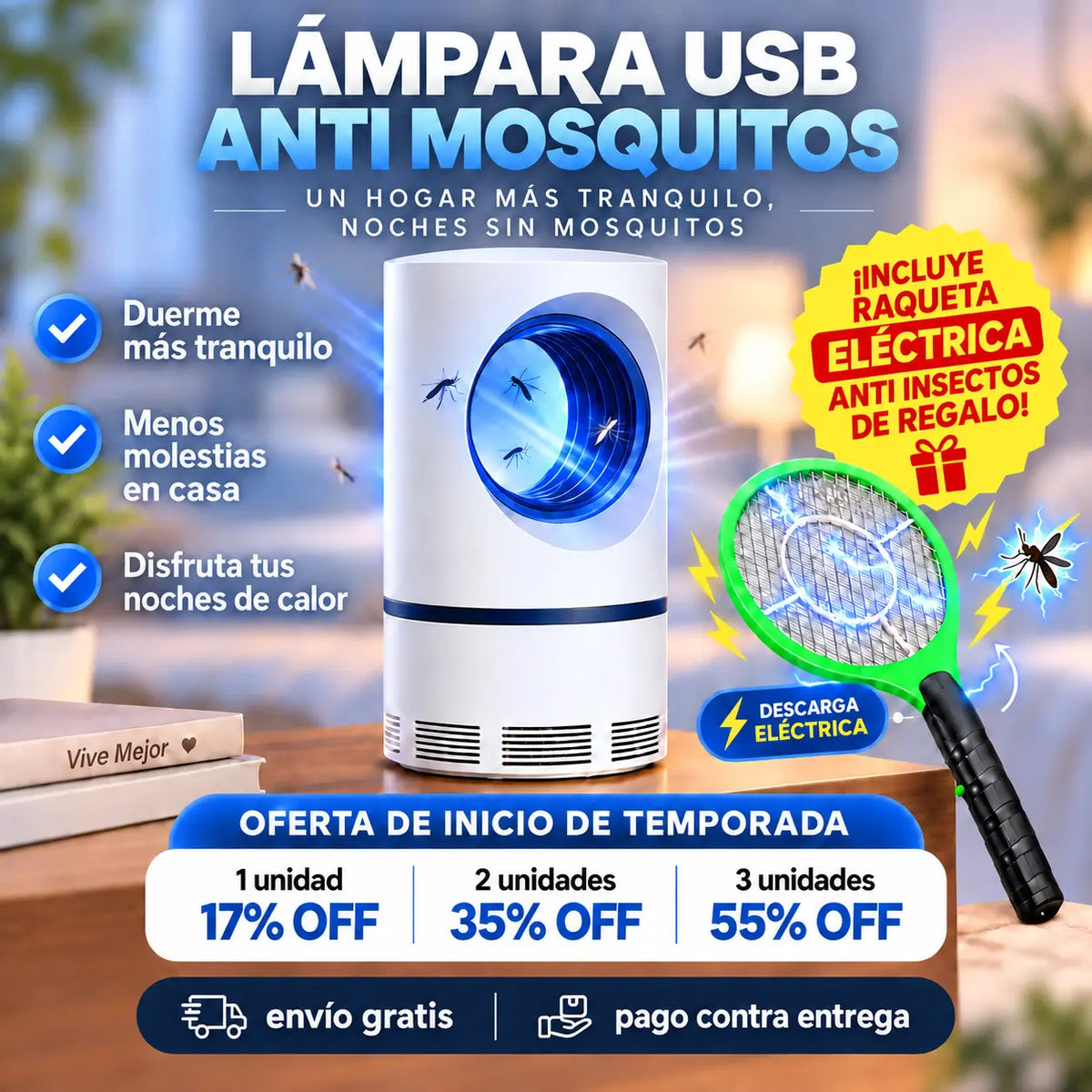 LÁMPARA USB ANTI MOSQUITOS. INCLUYE RAQUETA ANTI INSECTOS DE REGALO!