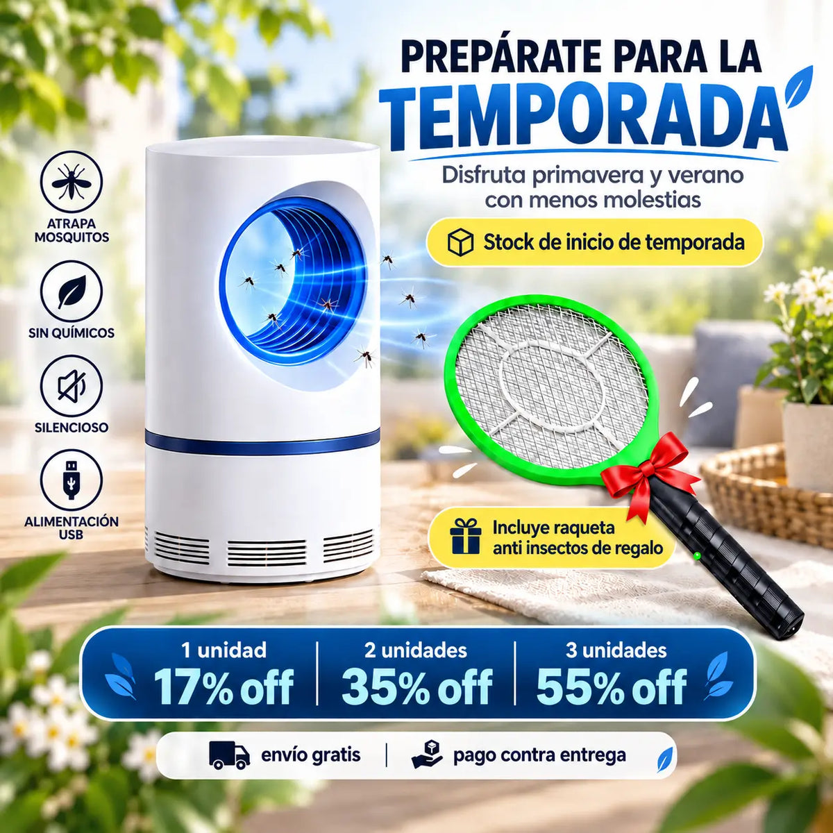 LÁMPARA USB ANTI MOSQUITOS. INCLUYE RAQUETA ANTI INSECTOS DE REGALO!