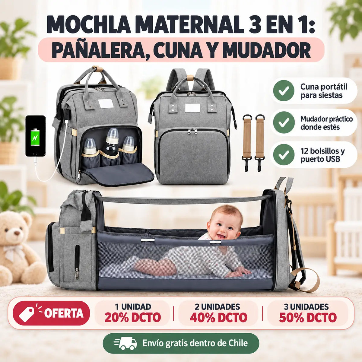 MOCHILA MATERNAL 3 EN 1: PAÑALERA, CUNA Y MUDADOR