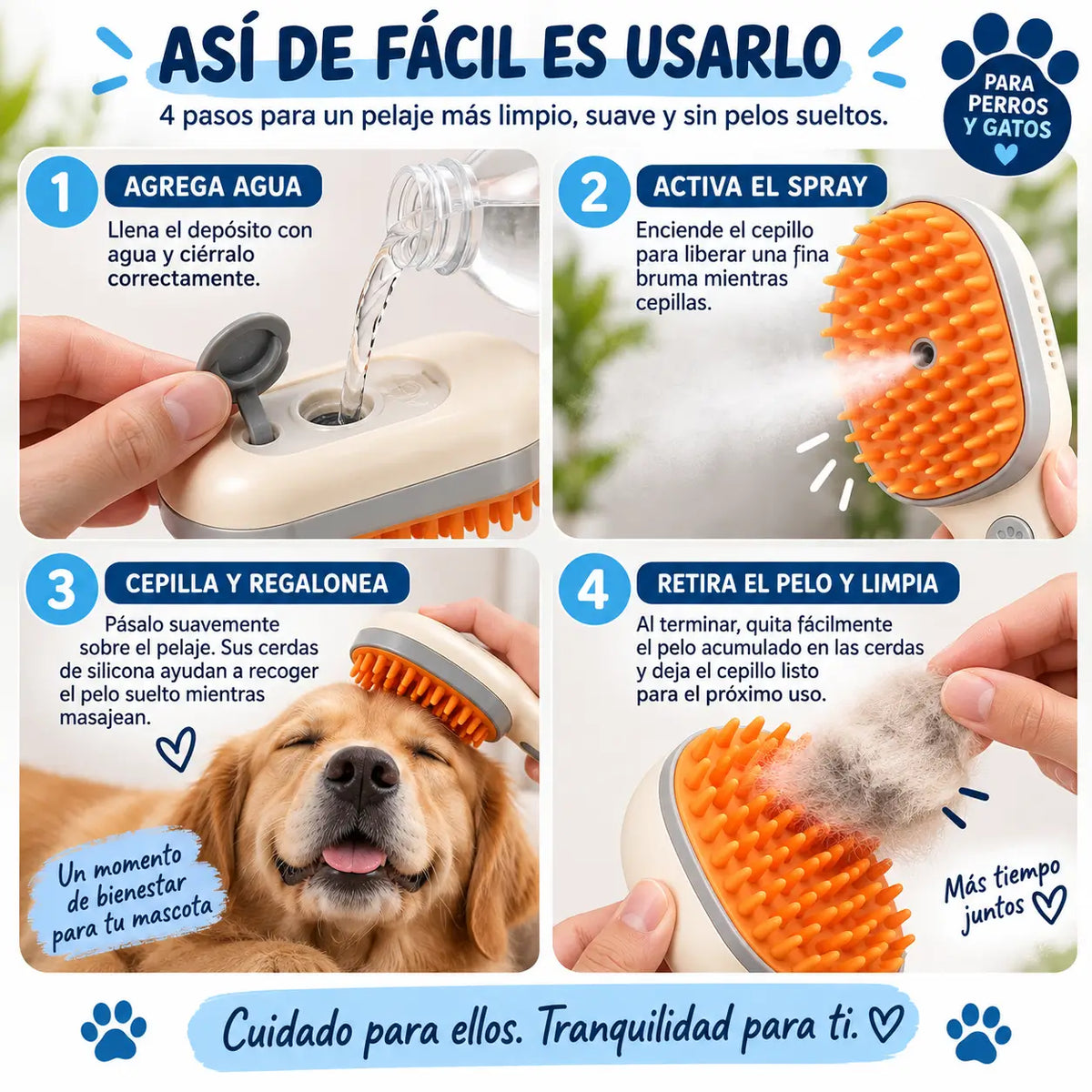 Cepillo Eléctrico 3 en 1 para mascotas: eliminar el pelo, limpiarlo y masajearlo.