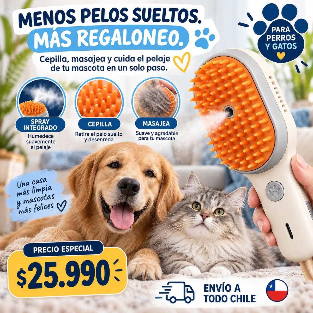 Cepillo Eléctrico 3 en 1 para mascotas: eliminar el pelo, limpiarlo y masajearlo.